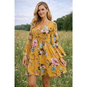 Annabelle Babydoll Dress Mustard Floral Boho Cottagecore Prairie Festival